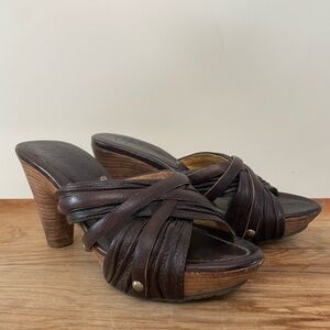 Frye Reese Brown Leather Wood Stacked Heels Sandal Slides Shoes Women’s Sz 9